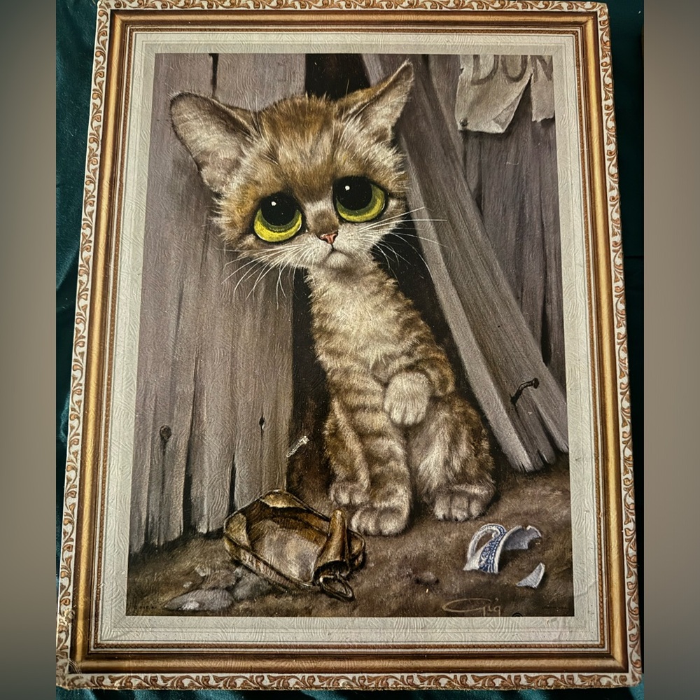 Vintage gig big eyed pitty kitty print on cork board